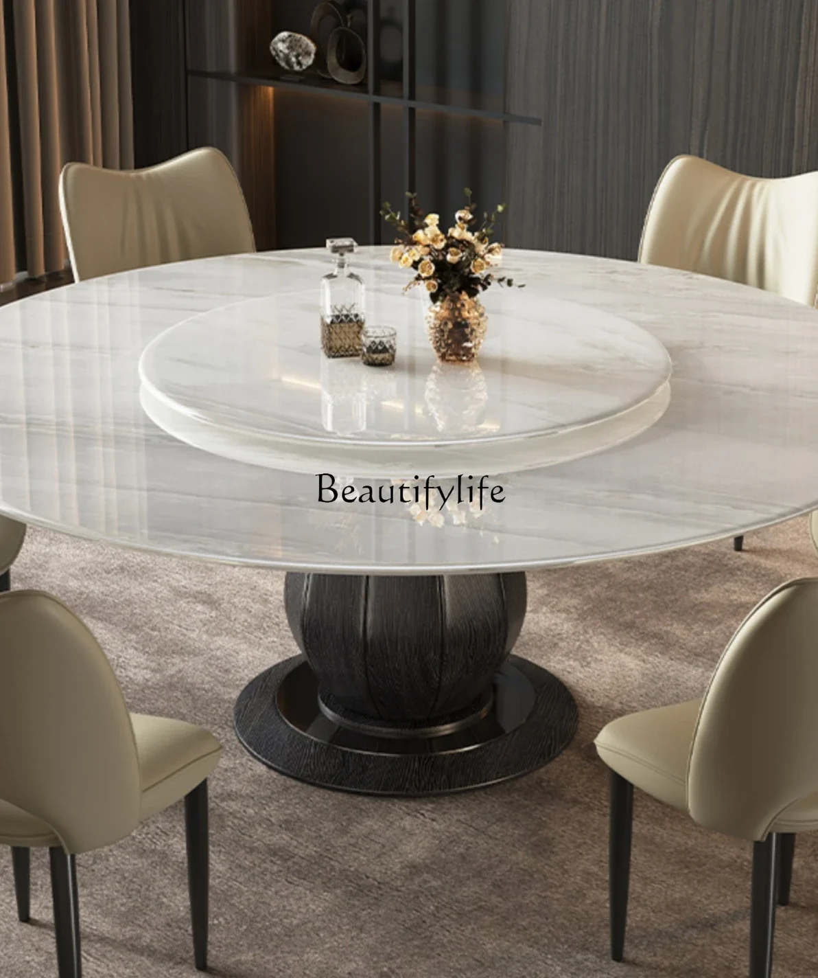 FG44Natural Marble Dining Table and Chair Assemblage Zone Turntable Solid Wood round