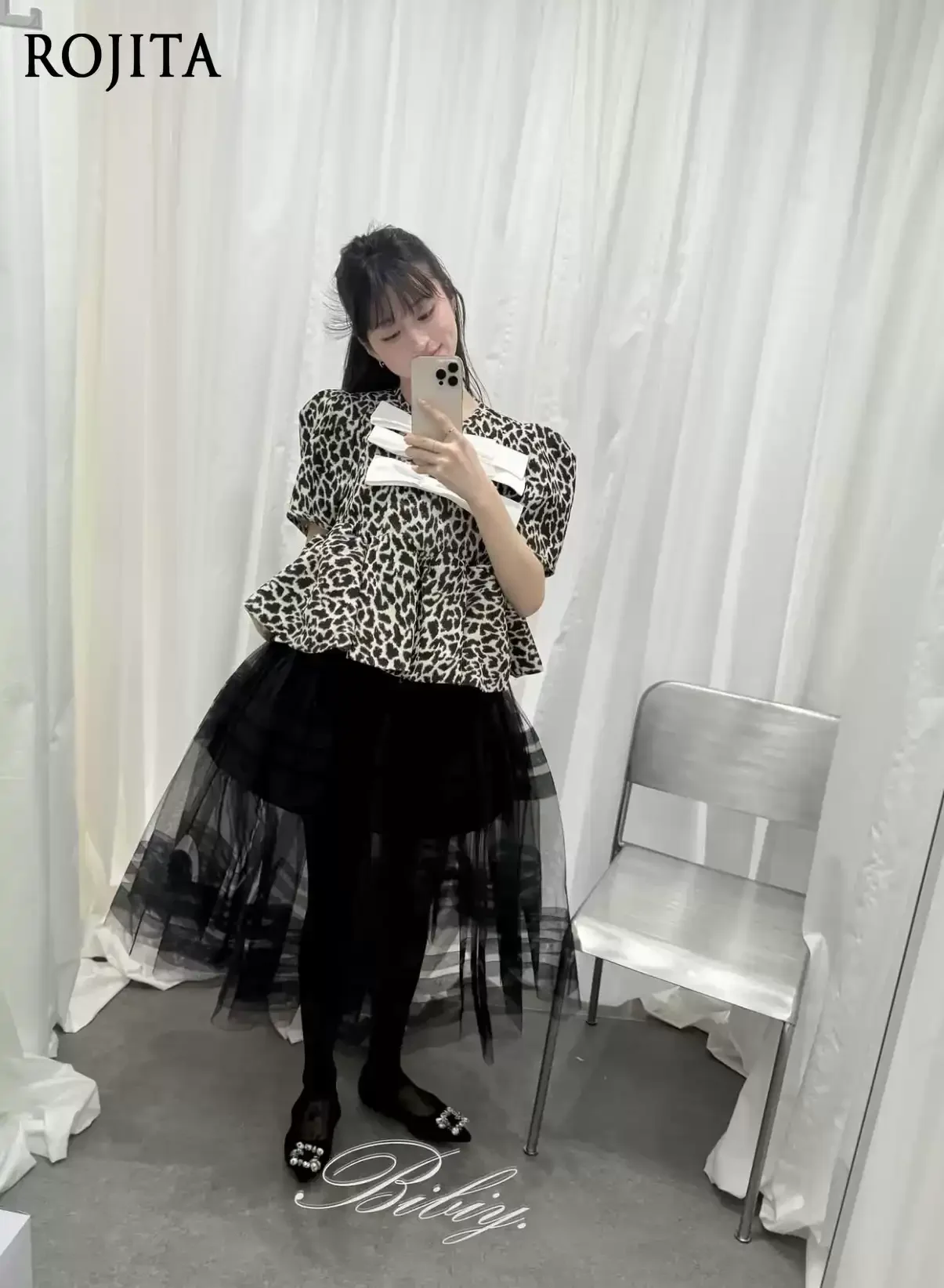 Leopard Print Puff Short Sleeve Blouse Women Three Stacked Big White Bow Front Peplum Ruffle Hem Cropped Top