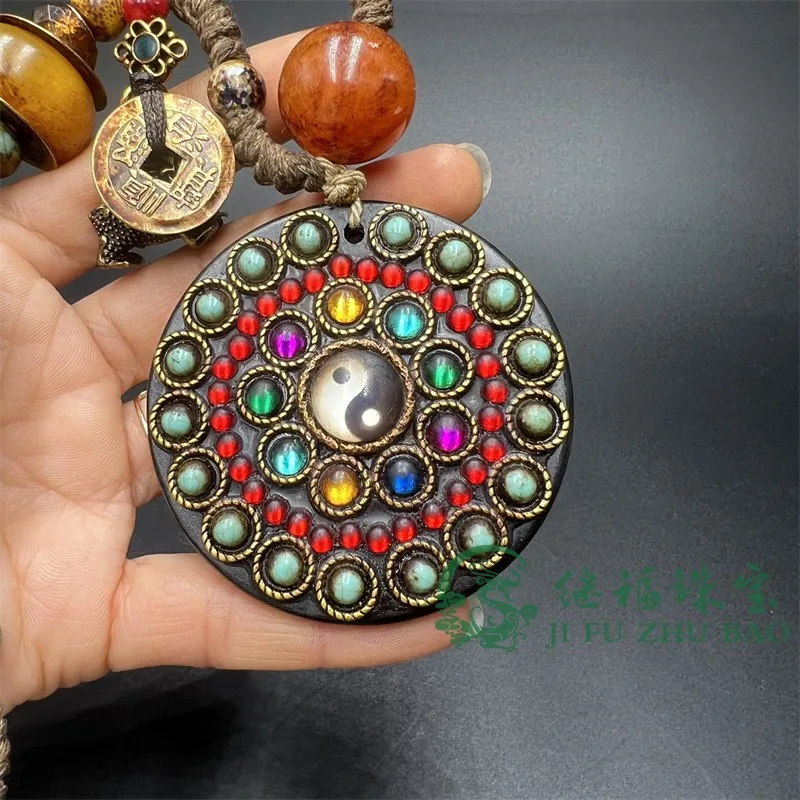 Antique miscellaneous retro pulp Tibetan Tiantie meteorite hand-inlaid Taiji gossip five emperors copper coin handle rope