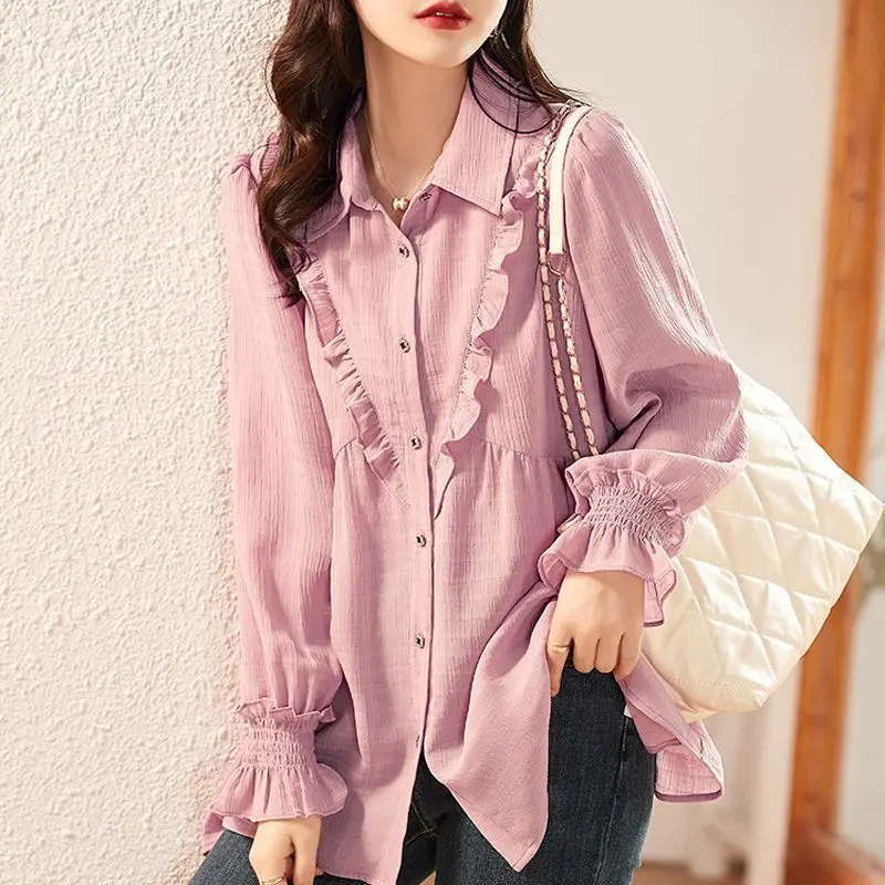 Sweet Folds Spliced Pink Shirt Commute Women\'s Clothing Single-breasted Spring Autumn Loose Long Sleeve Stylish Shirring Blouse