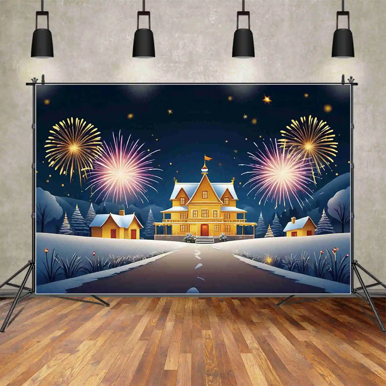 MOON.QG 2025 Christmas Winter Snow Background Photography New Year Decoration Fireworks Photocall Backdrop Children Studio Props