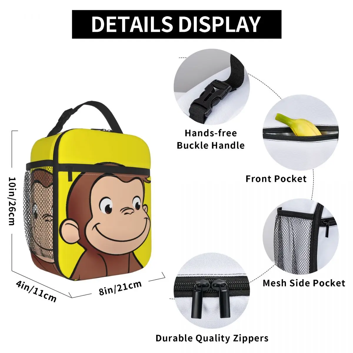 Custom Curious George Children\'s Books Portable Lunch Box Leakproof Brown Monkey Cooler Thermal Food Insulated Lunch Bag School