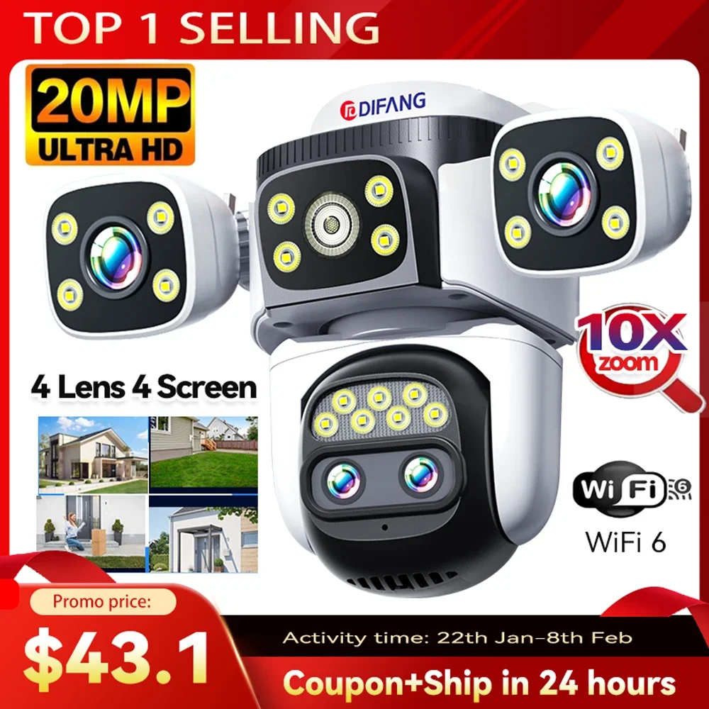 10K Home Security WiFi Camera Four Lens Four Screen  360° 10X Optical Zoom CCTV  Auto Tracking 20MP Wireless Surveillance IP Cam