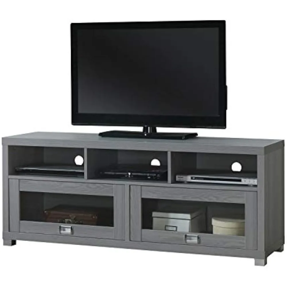 

65” TV Stand with Storage & Glass Display Cabinets, Grey TV Stand for Living Room or Bedroom with Cable Management, Fits Screens