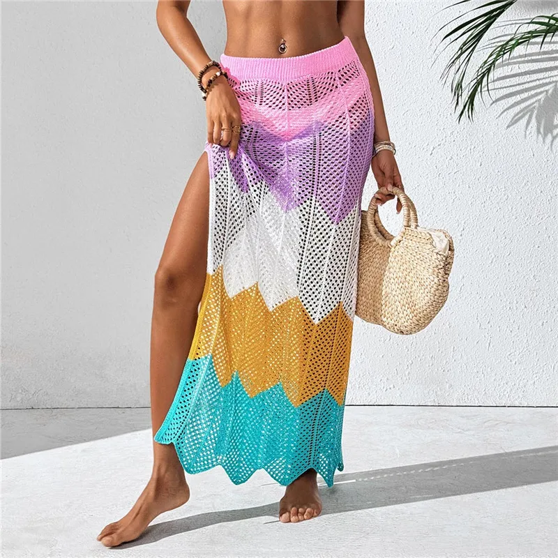 

Fashion Striped Beach Skirt for Women Summer Swimming Wear on Pool High Split Colorful Swimsuit Cover Up Long Knit Flounce Dress
