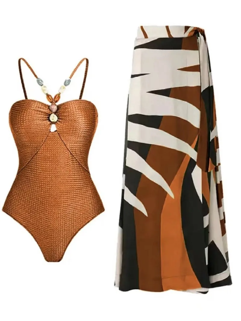 One-piece swimsuit bikini set with belly covering beach dress chiffon spa bathing suit