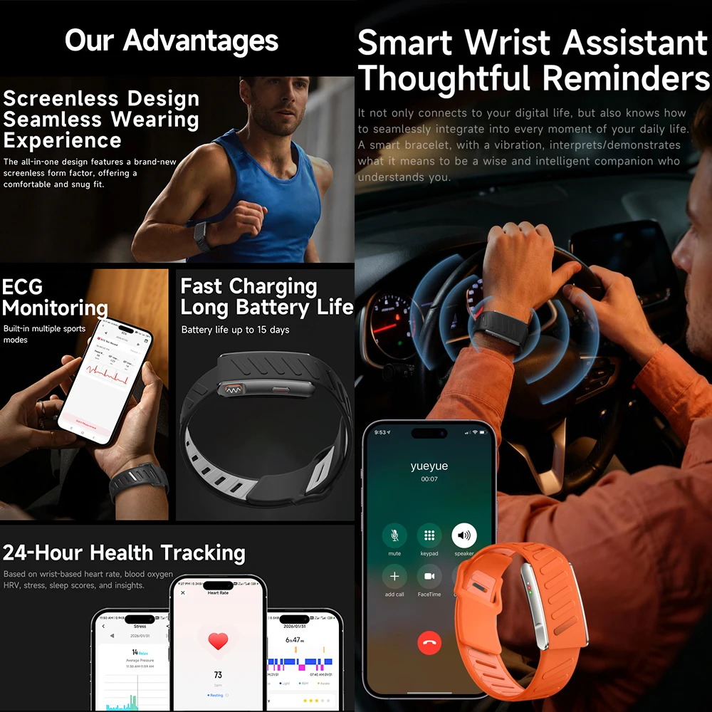 KR96 Pro Screen Free Fitness Smart Bracelet Body Temperature 3ATM Waterproof Screenless Men Women Sport Smart Wristband ECG SpO2