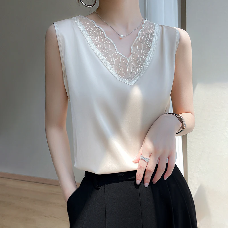 2023 Spring/Summer New Strap Women's Lace Tank Top Acetic Acid Material Top Bottom Solid Sleeveless