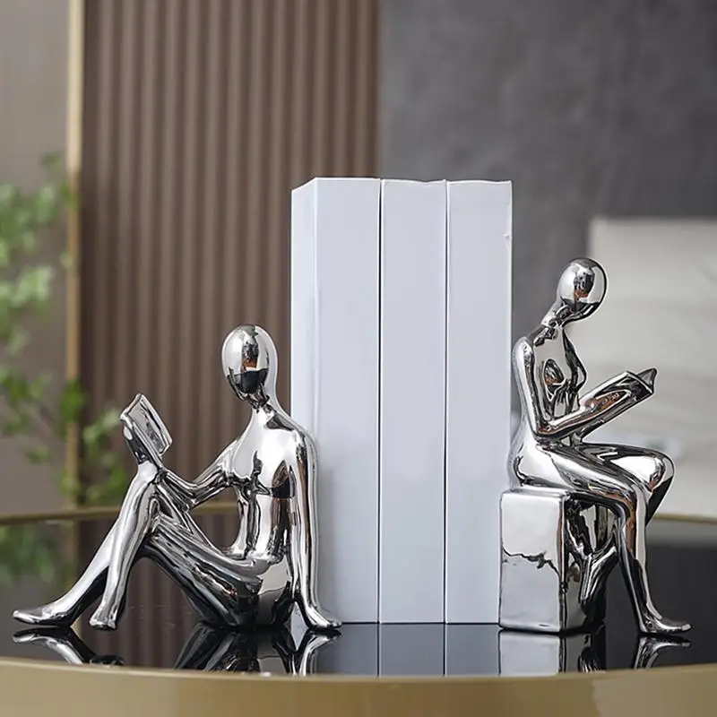 Book Ends For Shelves Decorative 2X Abstract Statue Design Heavy Duty Modern Bookends Decorative Anti-Slip Ceramic Books Storage
