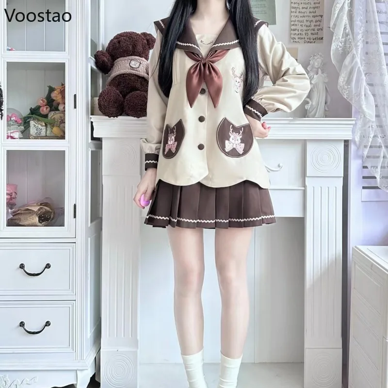 Japanese Sweet School JK Uniform Sets Women Cute Bow Sailor Collar Cartoon Deer Coat Mini Pleated Skirt Y2k Girls Lolita Outfits