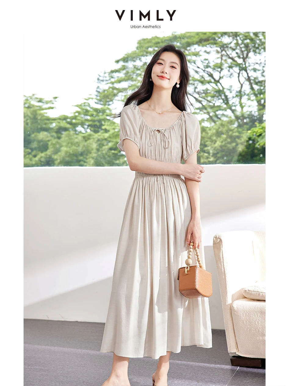 VIMLY Women's Vintage Solid Color Dress Summer New Bubble Sleeve Waisted Romantic Daily Basic Vacation Style A-Line Long Dress