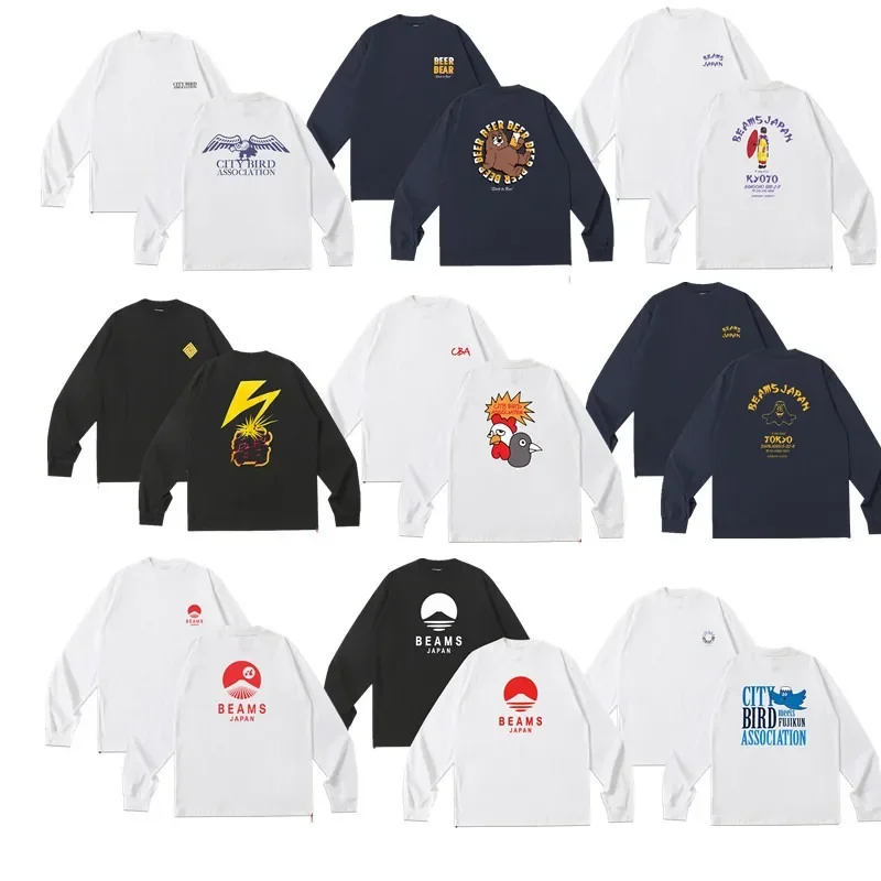BEAMS Japanese Streetwear Mount Fuji Cartoon Letter Loose Heavyweight Pure Cotton Long Sleeve T-Shirt Unisex Men Women