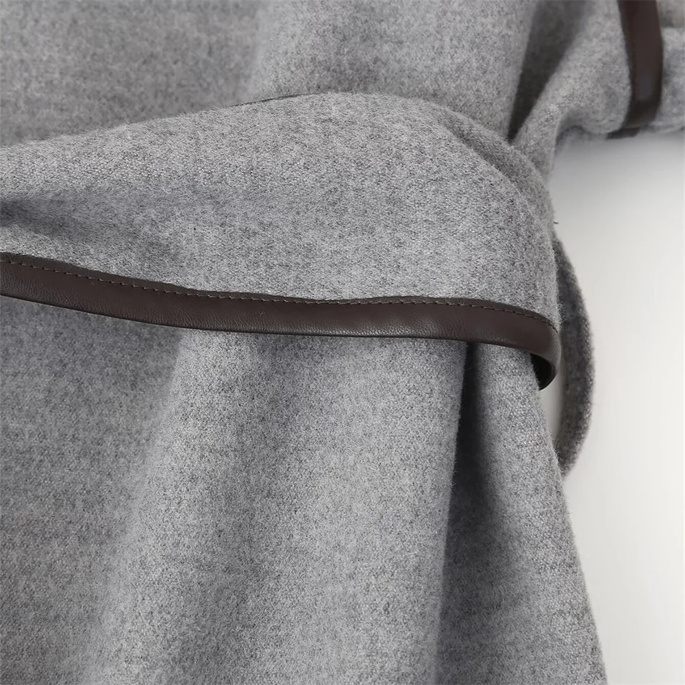 Jesienno-zimowa nowa kolekcja damskich płaszczy z wełny, dwustronny płaszcz z kontrastowym wykończeniem i paskiem.