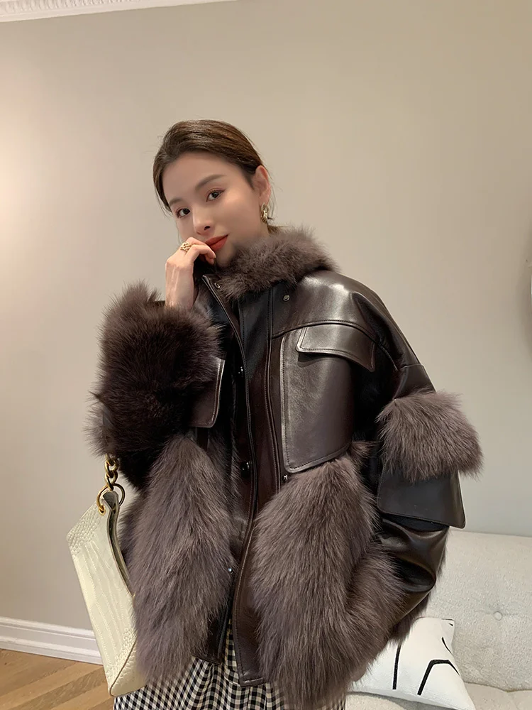 Coat Women Real Fur Autumn Winter Vintage Thicken Fox Fur Stand Collar Down Cotton Liner Splicing Sheepskin Jacket Fur Outerwear