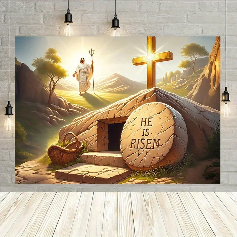 لافتة عيد الفصح الكبيرة المسطحة 2D "He is Risen" - زخارف حفلات الربيع الدينية مع مقبرة حجرية ومشهد البيض المرقط #3