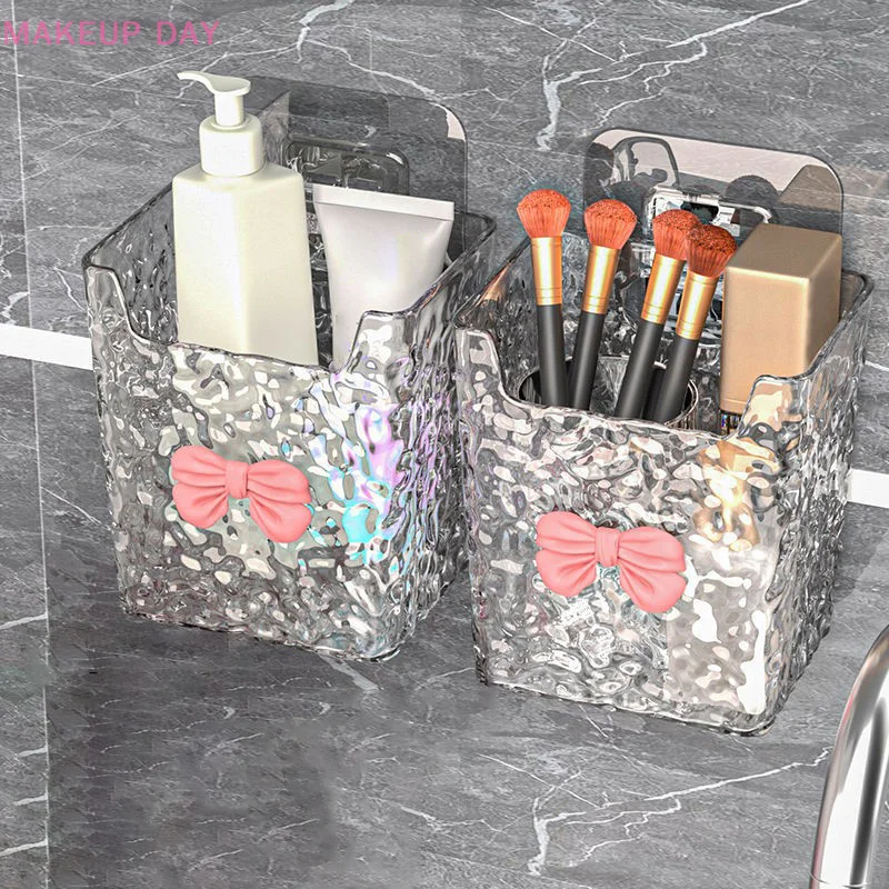 Punch-Free Toothpaste Holder Wall Mounted Makeup Brush Organizer Storage Rack Bathroom Storage Box Drain Box