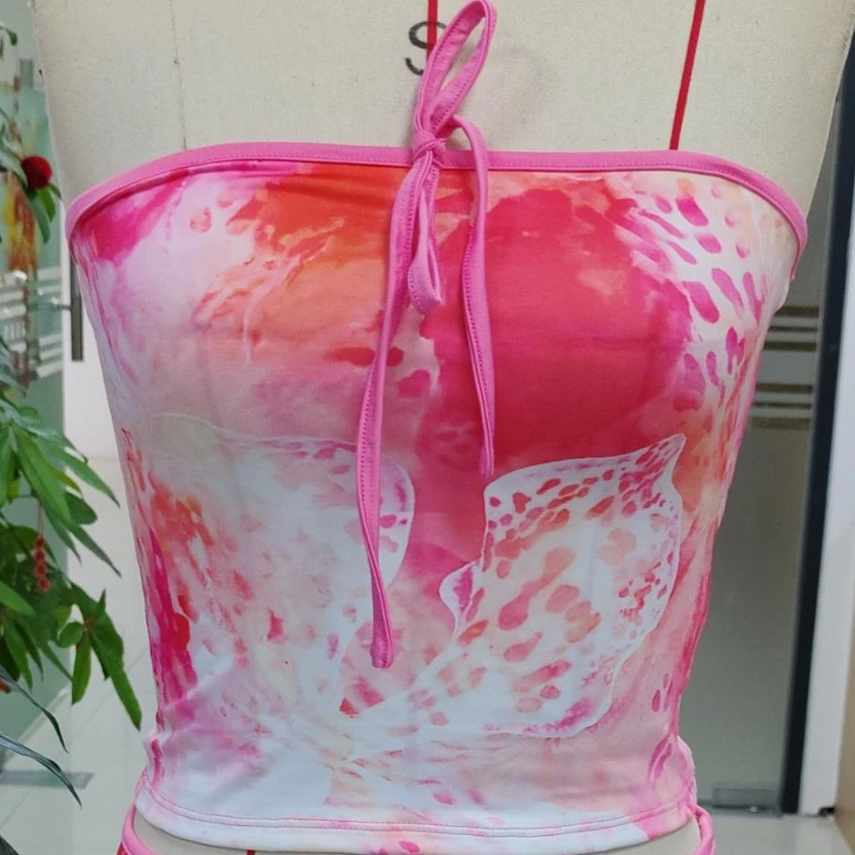 

2025 Women’s Bow Appliques Two Piece Summer Outfits Strapless Tie-up Front Tube Tops and Mini Skirt Set Clubwear