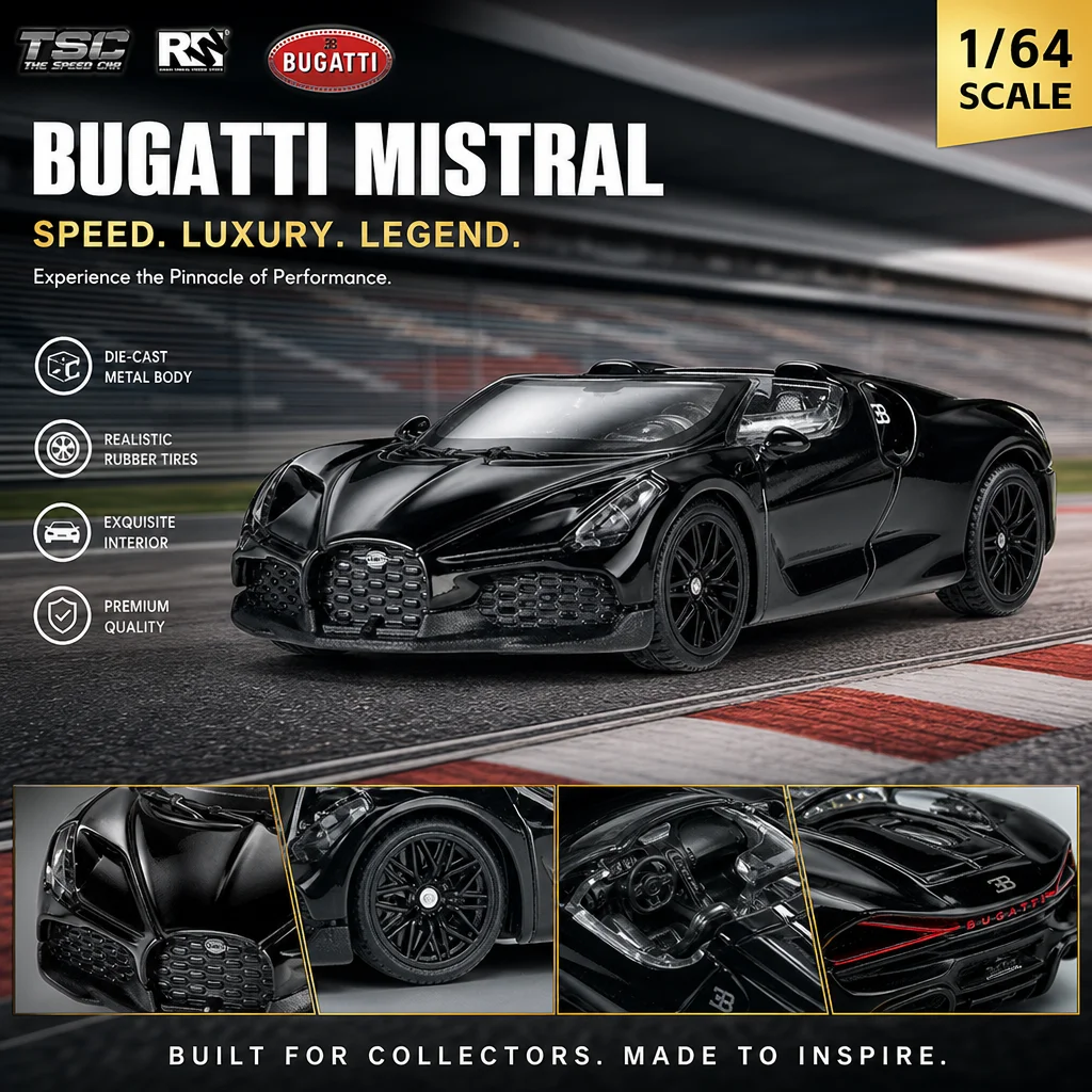 TSC 1:64 Bugatti Mistral Alloy Car Model Open-Top Supercar Simulation Vehicle Collectible Desktop Ornament Gift For Car Fans