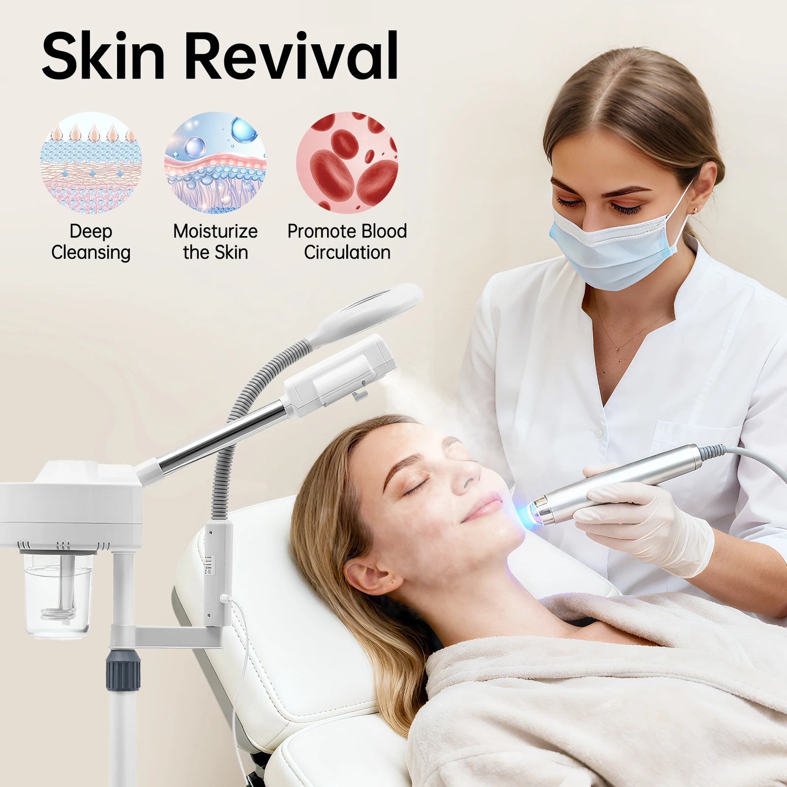 White Professional Facial Steamer,800W 110V 2-in-1 Facial Steamer Beauty Tool, Single Tube Facial Steamer for Skin Care