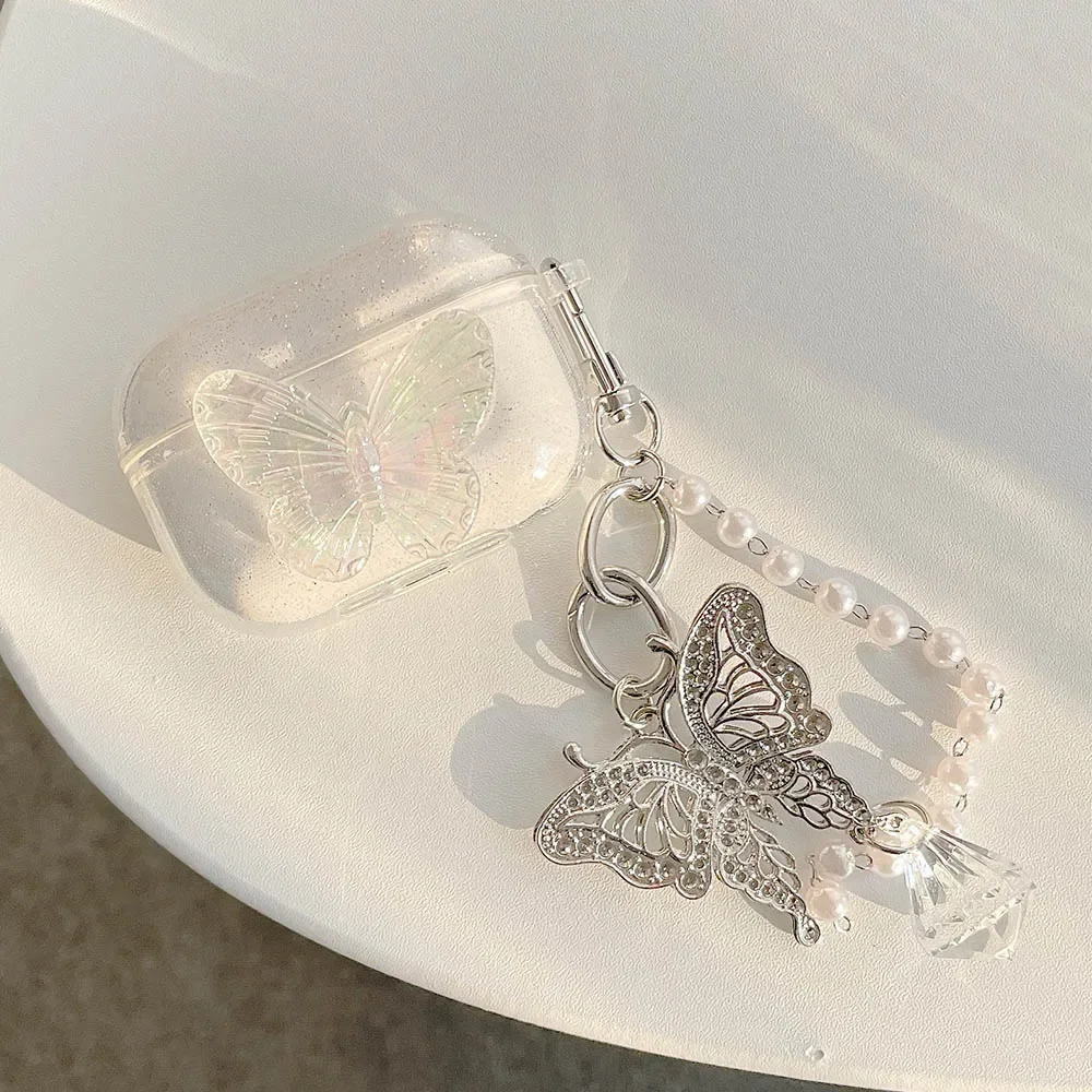 Transparent 3D Glitter Butterfly Earphone Case for Airpods 1 2 3 Case with Keychain Silicone Protective Sleeve for Air Pods Pro