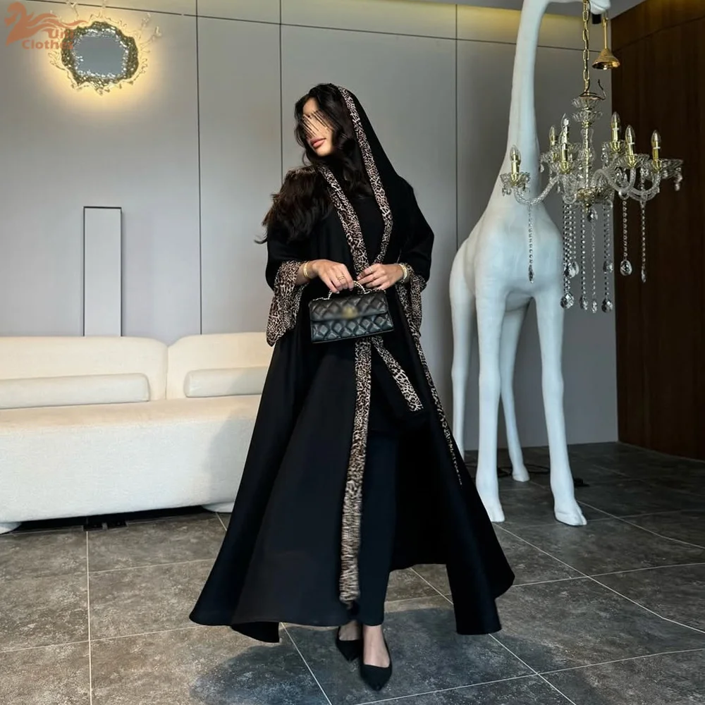 

Uni Fashion Leopard Print Maxi Abaya Dubai Patchwork Sleeve Hijab included Muslim Woman Costume 2025