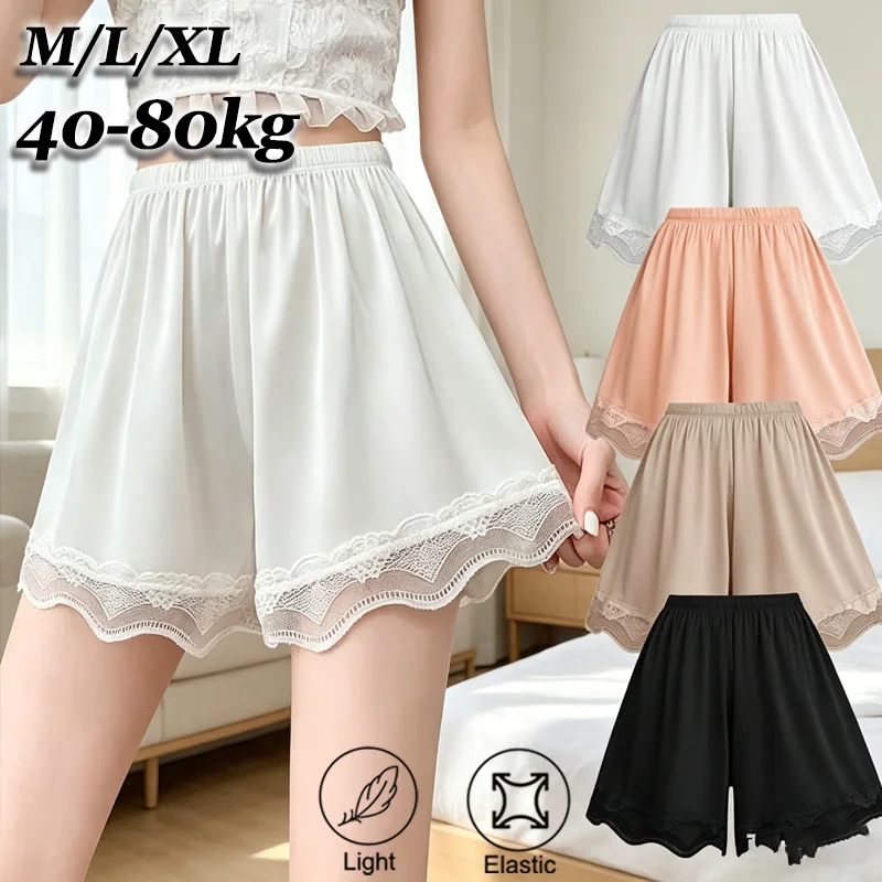 Satin French Lace Knickers Women Safety Boxer Shorts Wide Leg Lingerie Lace Briefs Panties Lace Trim Home Shorts Under Dresses