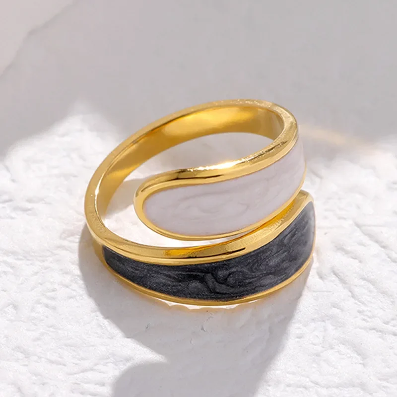 Stainless Steel Black and White Ring with Enamel Simple Double Layer Oil Dripping Adjustable Open Finger Ring for Women No Fade