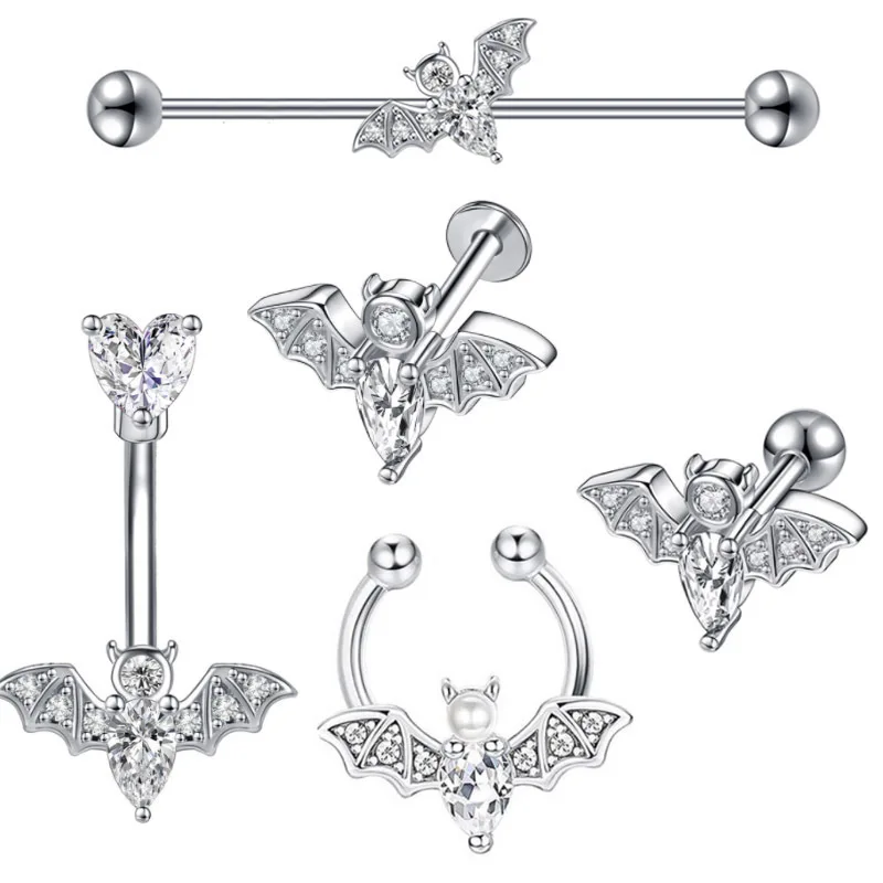 العصرية الخفافيش مسمار طقم أقراط خواتم السرة الزركون الحديد إندسترا الثقب أقراط الشفاه المسامير وهمية الأنف ثقب المجوهرات #3