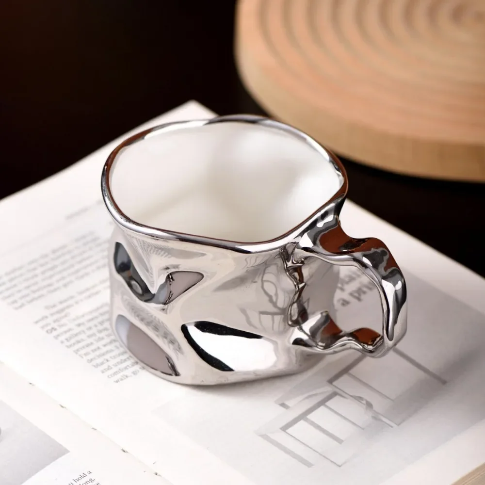 

Modern Electroplated Silver Ceramic Coffee Cup Artistic Abstract Wrinkled Mug Metallic Imitation Milk Breakfast Cup Couple's Mug