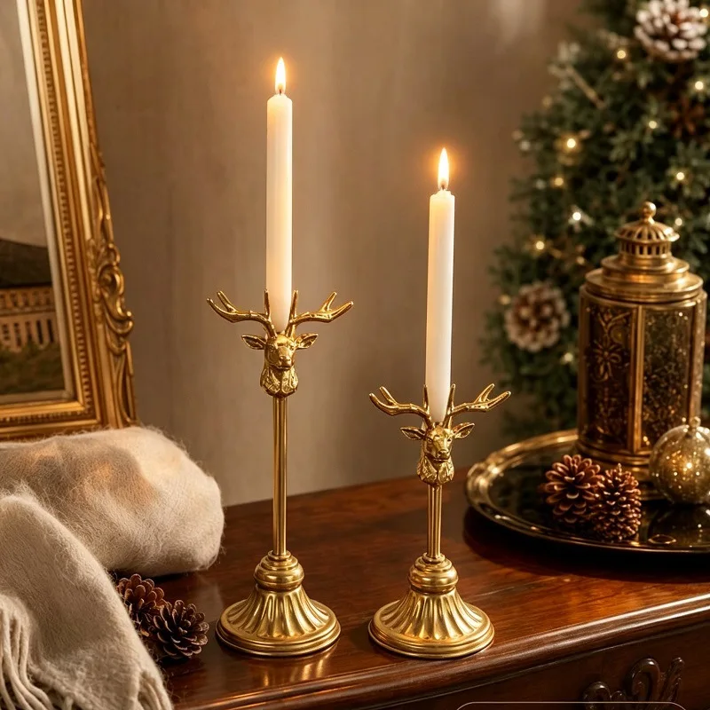 Set of 2 Vintage Elegant Metal Deer Head Tabletop Candle Holders Nordic Gold Candlestick Stand for Wedding Christmas Home Decor