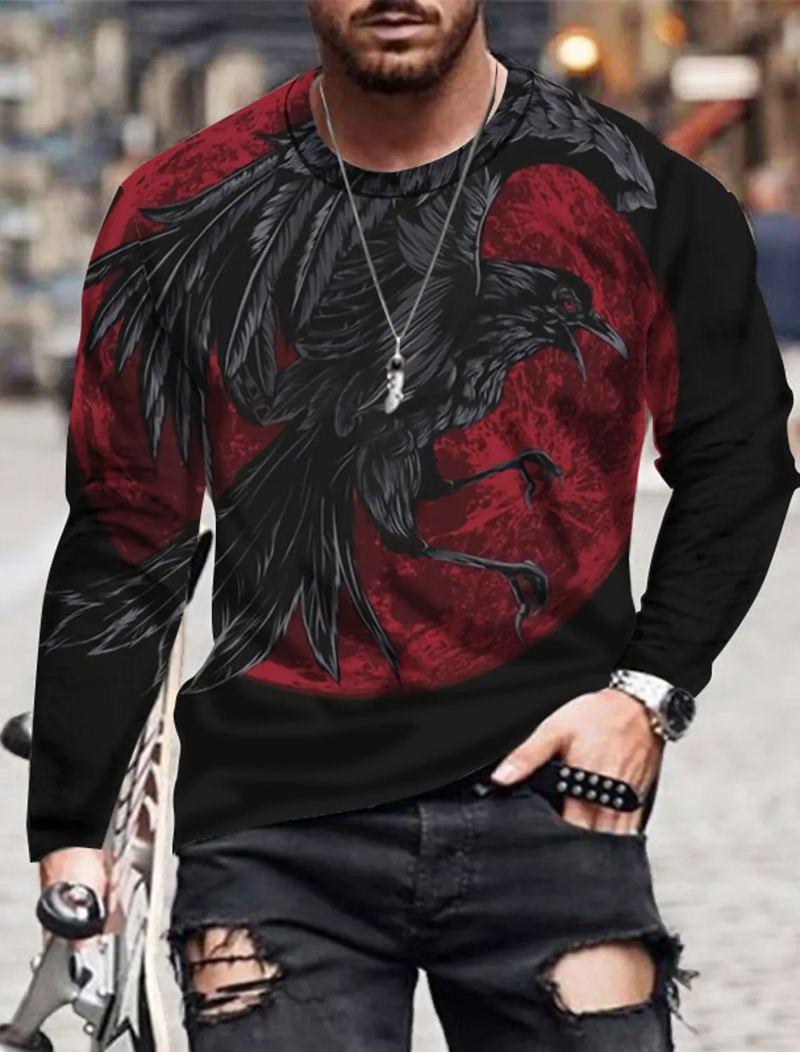 Vintage Men\'s Long-Sleeved Eagle Print 3D Printed Outdoor Street Long-Sleeved Sports Fashion Long-Sleeved Casual Oversized Top