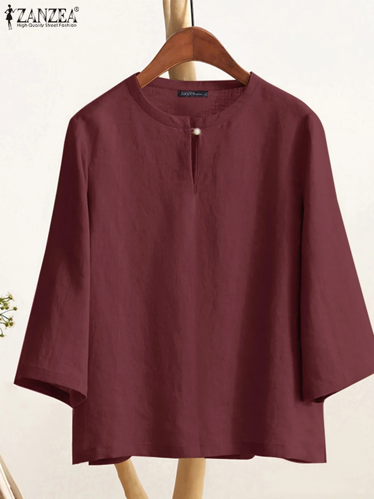 

ZANZEA Vintage Cotton Linen Solid Blouses Women Round Neck Three Quarter Sleeves Blusas Mujer 2025 Fall Everyday Casual Chemises
