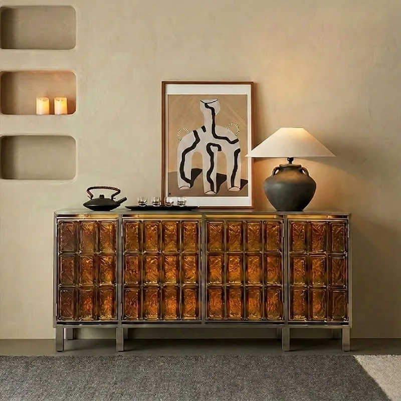 Juyi high-grade crystal glass brick side cabinet, integrated locker against the wall, high-end storage in villa storage cabinets