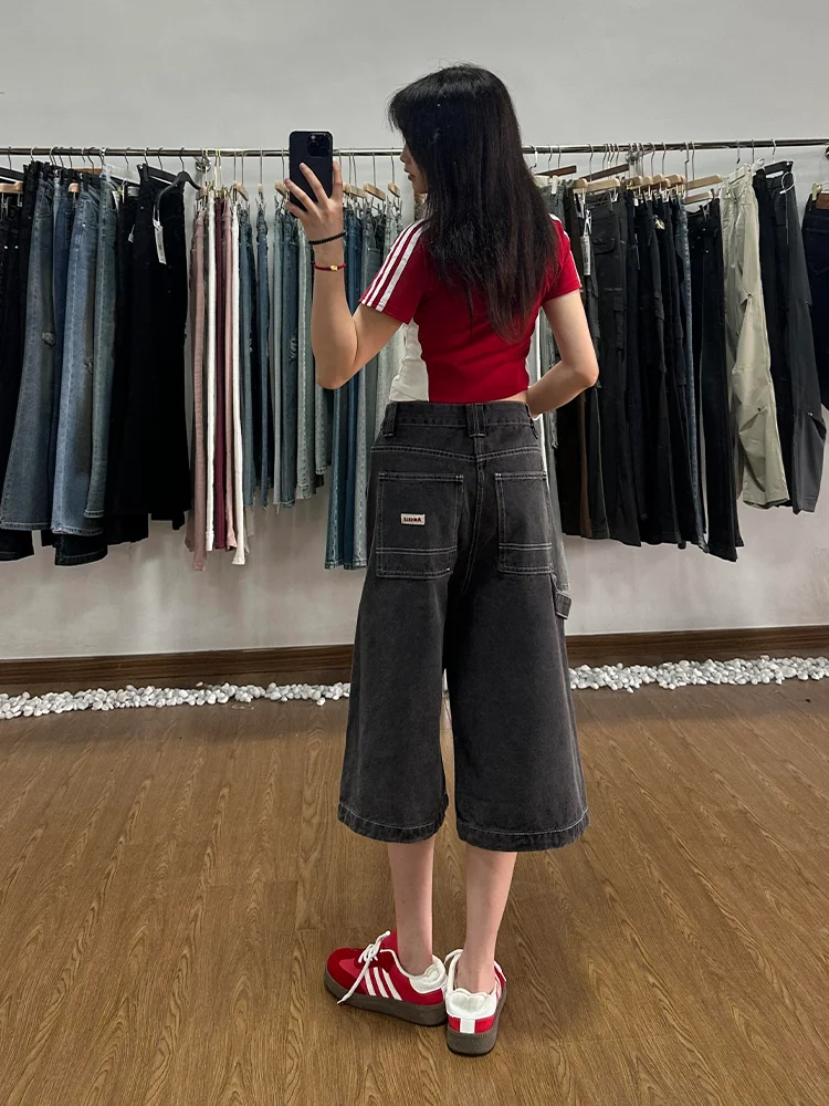 

Джинсовые широкие брюки большого размера с американской талией, женские летние утягивающие универсальные повседневные джинсы с высокой талией на семь футов