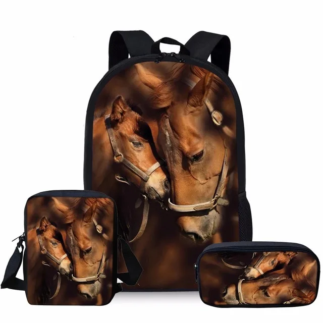 Classic Horse Backpacks bags 3D Print 3pcs/Set pupil School Bags Laptop Daypack Backpack Inclined shoulder bag Pencil Case