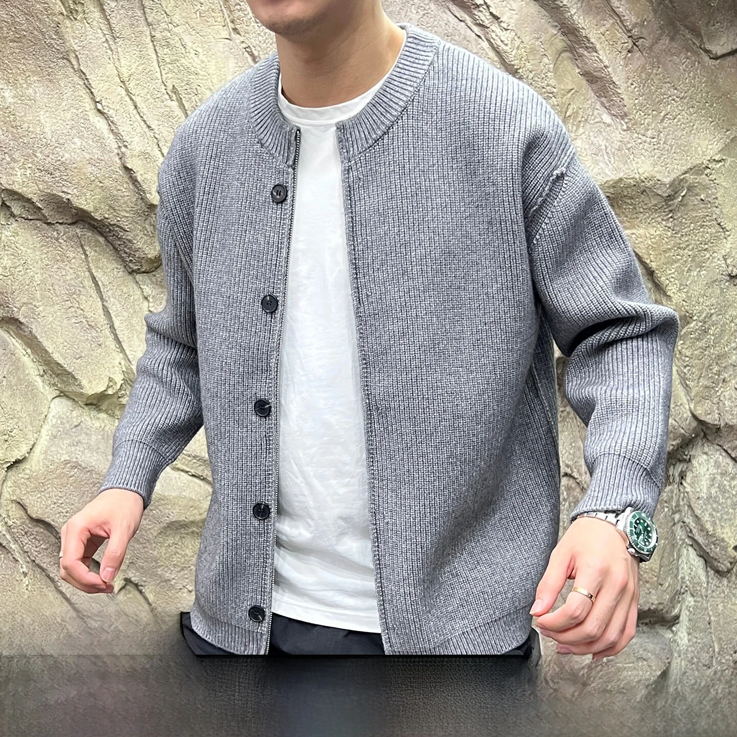 

Ele round Ne Zipper Knitted Cardigan for Men Faionable Autumn Wear Comfortable Breathable Long Sve Polyester Fiber