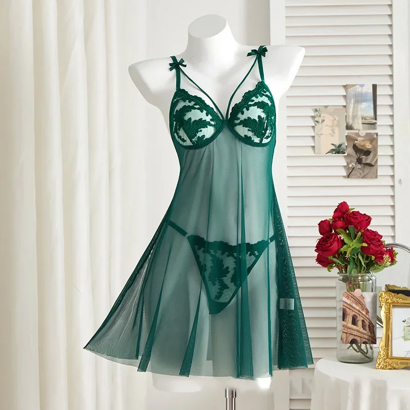 

Ladies' Wine Red Countryside Style Wheat Ear Embroidery Semi Transparent Nightgown, Elegant And Comfortable, Bow Design