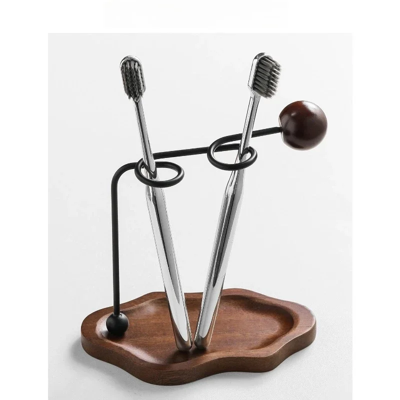 Vintage Stainless Steel Toothbrush Holder with Wood Base, Rustic Bathroom Organizer for Couples, Toothpaste Brush Stand 13cm