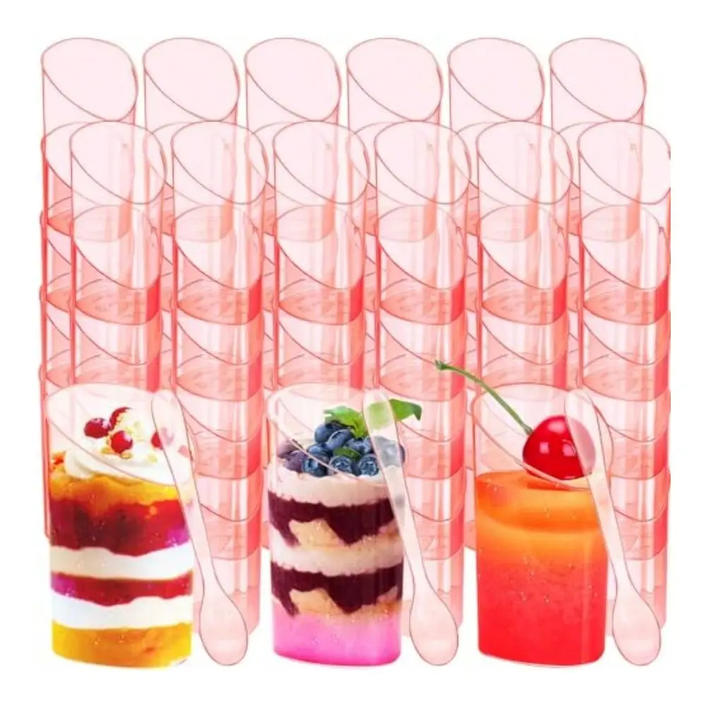 

Set 100 Set Pink Mini Dert Cups With Spoons 3 Oz Small Slanted Plastic Clear Disposable Dert Cups For Parfait Appetizer Tasting