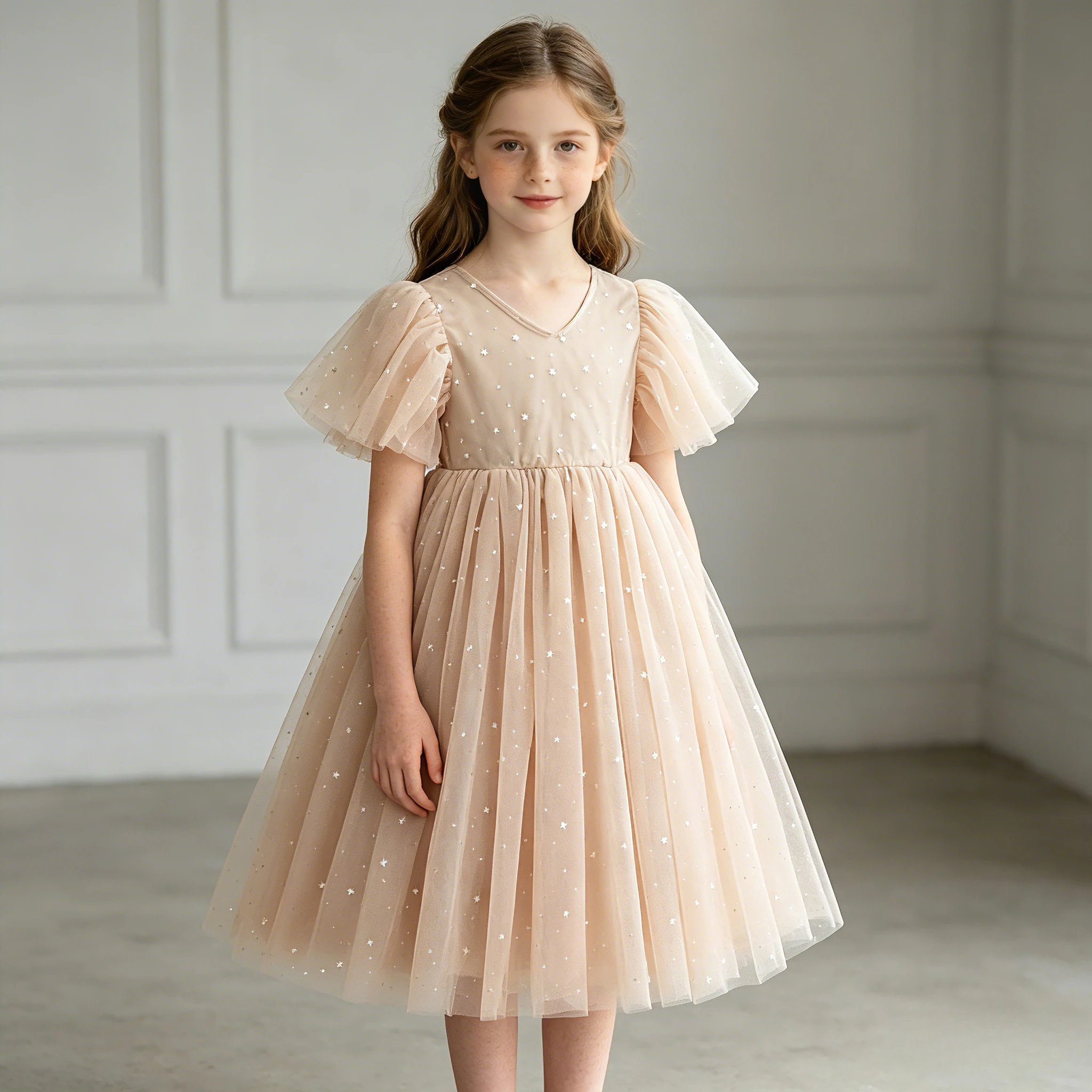

Girls Star Tulle Princess Dress Puff Sleeve V-Neck Glitter Mesh A-Line Gown for Kids Birthday Party Wedding Costume 2-10 Years