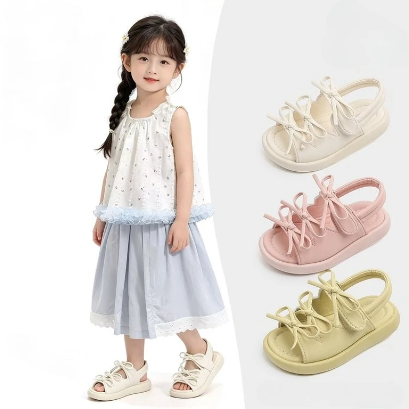 

Children's Summer Sandals Cute Sweet Bow Decor Kids School Causal Shoes Beach Thick Bottom Solid Color Girls Non-slip Sandals