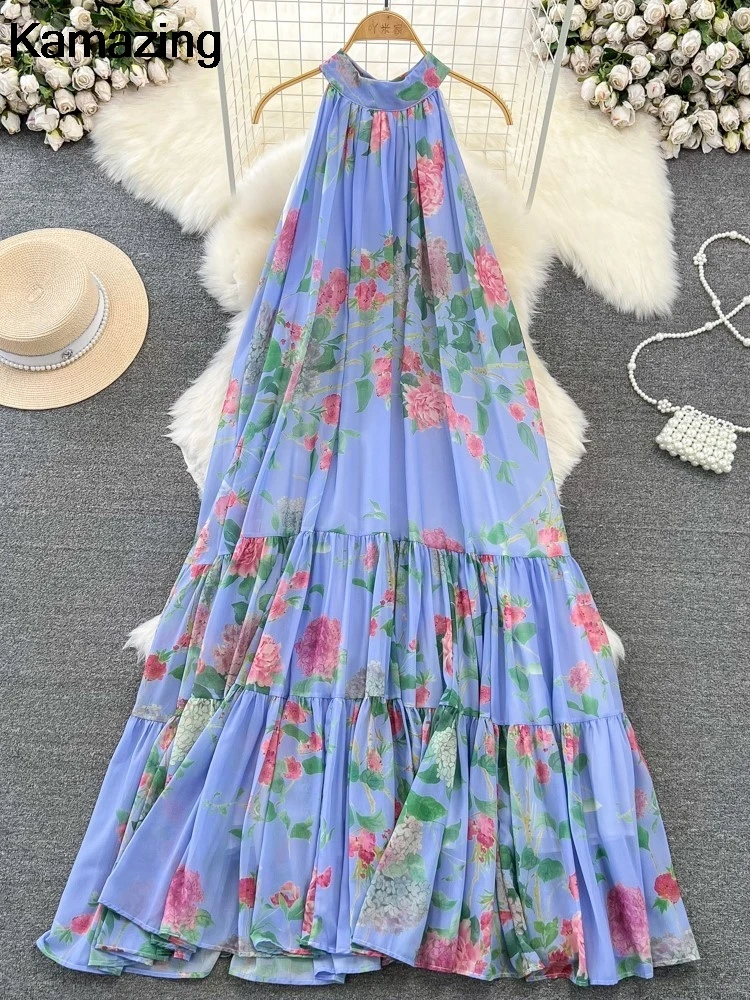 Vintage Loose Halter Floral Long Dresses for Women Sleeveless Party Prom Vestidos Elegant Printed Robe Mujer Summer New Clothes