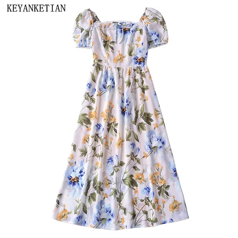 

KEYANKETIAN 2024 New Launch Women's Bow Lace Decoration Flower Print Chiffon Dress Pastoral style Puff Sleeve Slim MIDI Dress