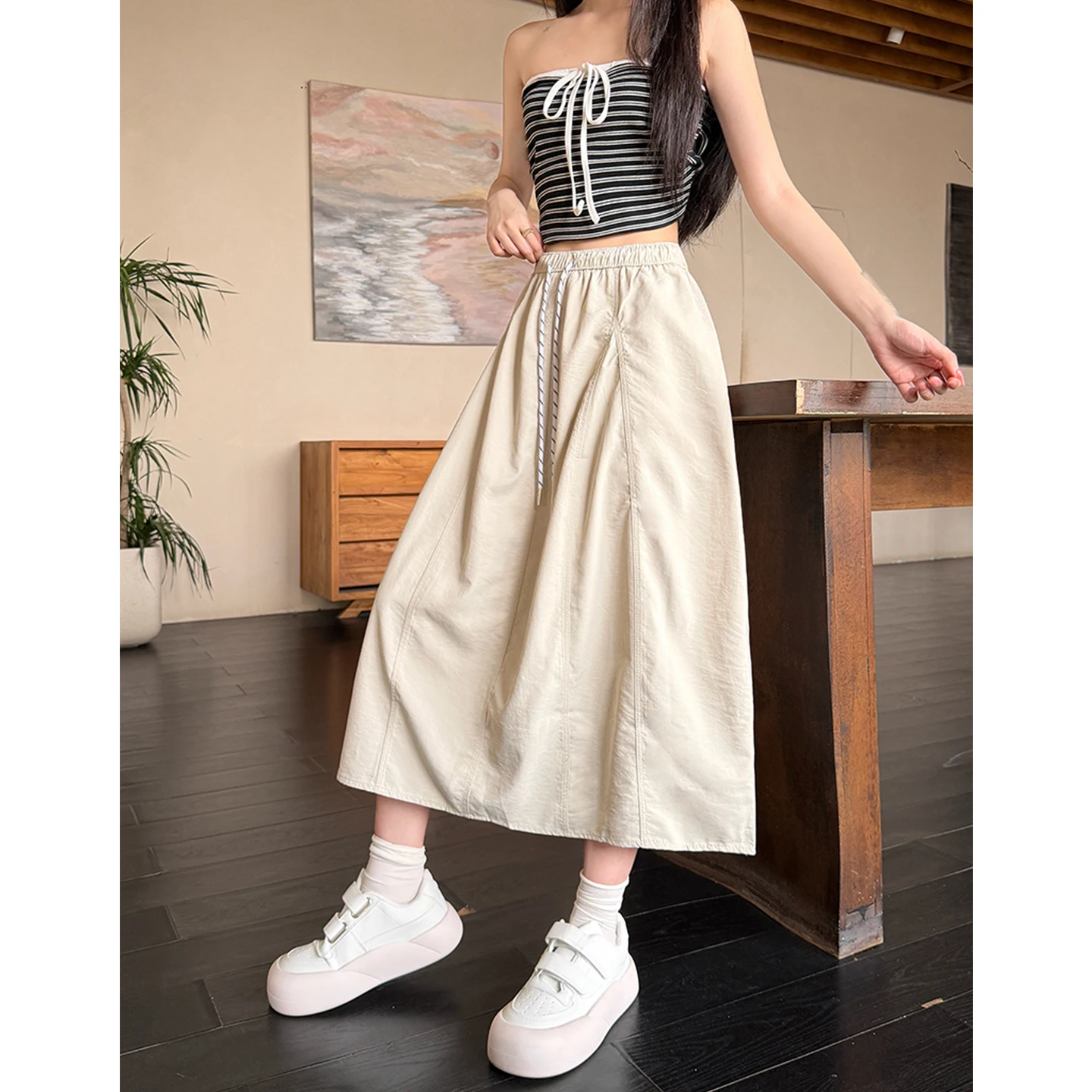 Slimming Loose A-Line  Skirt for Women Summer Thin Quick Dry Pumpkin Flower Bouquet Half Body Skirt Ladies High Waist Pol...