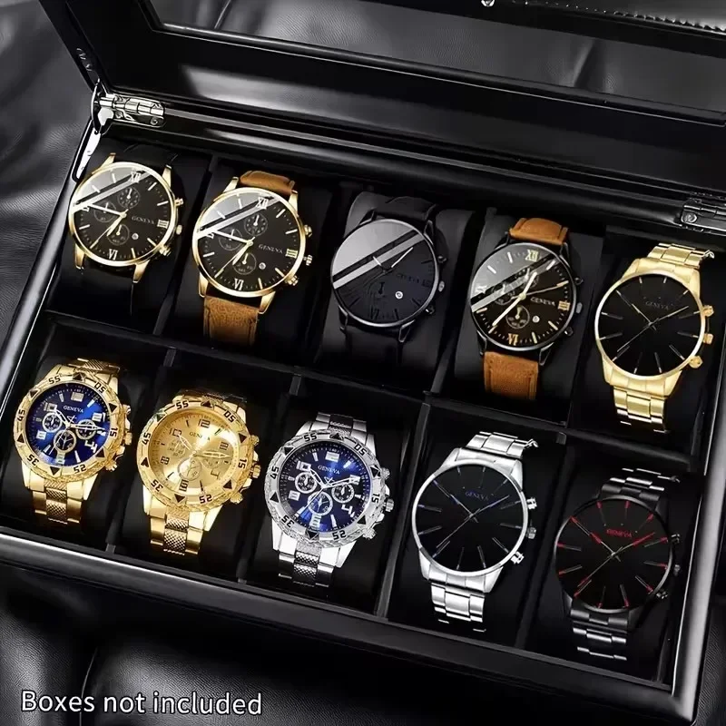 10pcs Men's Fashion Quartz Watch Set, Casual Business Style,Leather Strap with Stainless Steel Strap, Multiple Colors Available