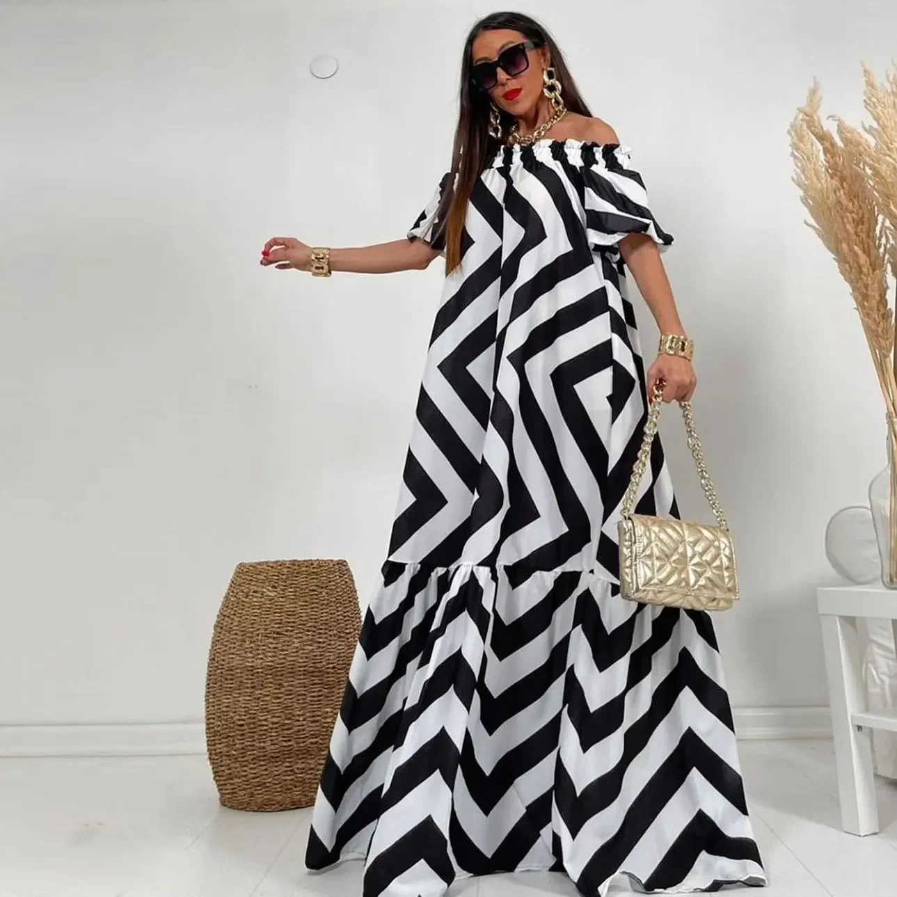 

Casual Chic Maxi Dress for Womens Boho Dresses Sexy Slash Neck Short Lantern Sleeve Striped Print Loose Long Dresses