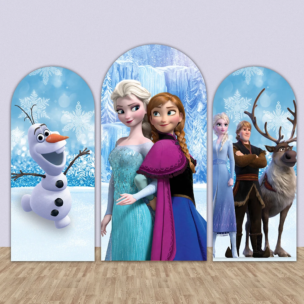 Cartoon Princess Anna and Elsa Frozen Arch Backdrop Cover for Kids Birthday Party Decor Winter Onerderland Background Elastic