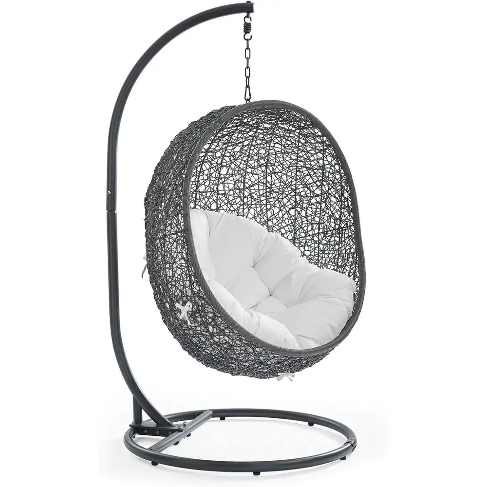

Gray and White Outdoor Rattan Egg Swing Chair Set with Stand