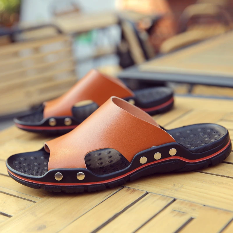 2023 Genuine Cow Leather Slippers Couple Outdoor Non-slip Men Women Home Fashion Casual Single Shoes PVC Soft Soles