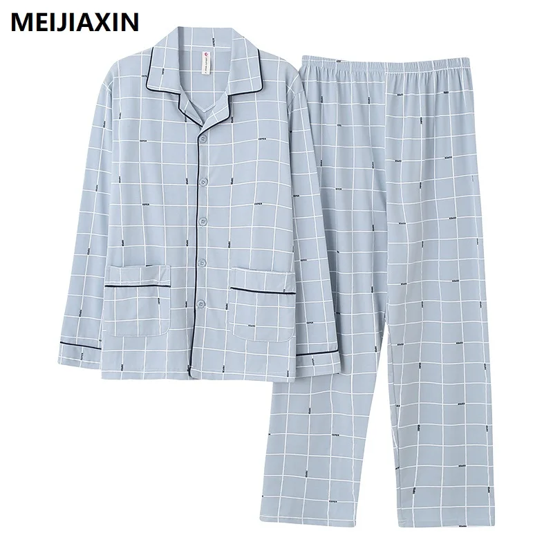 

Spring Knitted Cotton Men Pajamas Set Plus Size L-4XL Pyjamas Homme Long Sleeve Turn-down Collar Cardigan Loose Soft Male Pijama